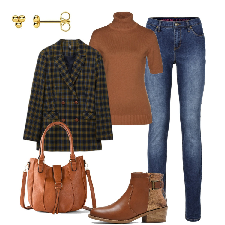 Outfit donna - Jeans e blazer. Stile Casual chic per Tutti i giorni. Abbinamento con maglieria, jeans skinny, stivaletti, borse a mano, blazer, orecchini.