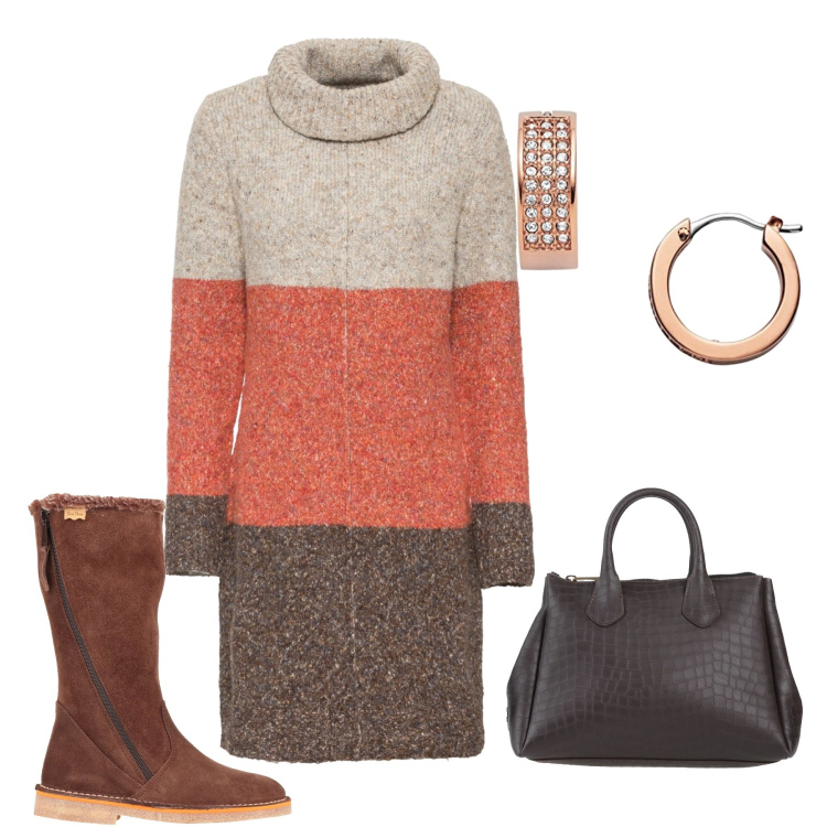 Outfit donna - Il vestito in maglia fantasia. Stile Casual chic per Tutti i giorni. Abbinamento con vestiti, stivali, borse a mano, orecchini.