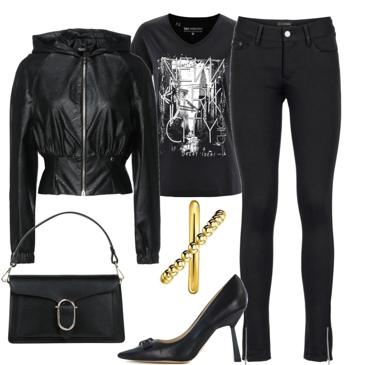 Outfit donna - Serata. Stile Trendy per Serata fuori. Abbinamento con pantaloni, t-shirt, giacche, borse a mano, décolleté, orecchini.