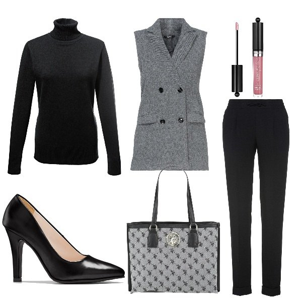 Outfit donna - Pausa pranzo. Stile Casual chic per Ufficio. Abbinamento con pantaloni, maglieria, décolleté, blazer, borse a mano, gloss.