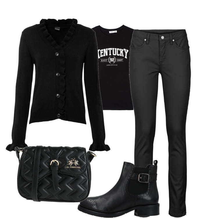 Outfit donna - Total black. Stile Minimal per Tutti i giorni. Abbinamento con jeans skinny, cardigans, stivaletti, borse a tracolla, t-shirt.