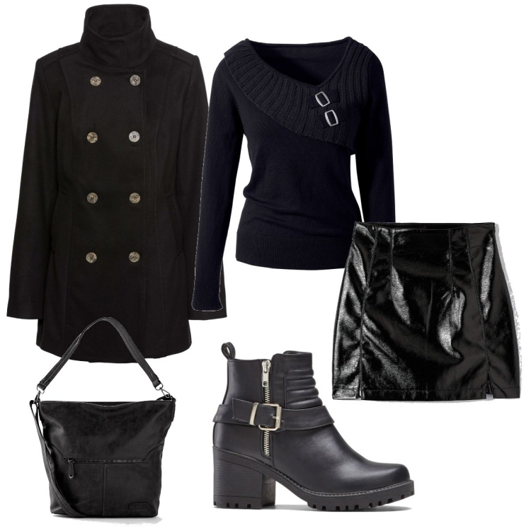 Outfit donna - Total look #1442475. Stile Trendy per Tutti i giorni. Abbinamento con maglieria, borse a tracolla, caban, stivaletti, minigonne.