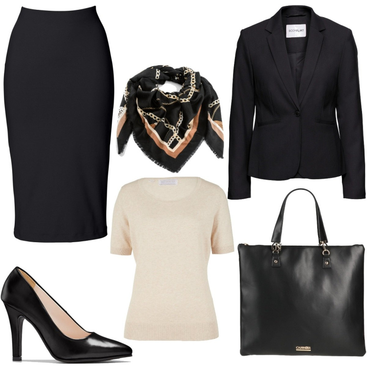 Outfit donna - Formale & Low Cost. Stile Chic per Ufficio. Abbinamento con gonne longuette, blazer, maglieria, décolleté, foulard, borse a mano.