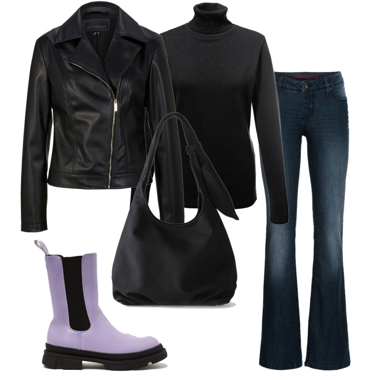 Outfit donna - Serata fuori in jeans. Stile Casual per Serata fuori. Abbinamento con maglieria, jeans bootcut, giacche, borse a tracolla, stivali.