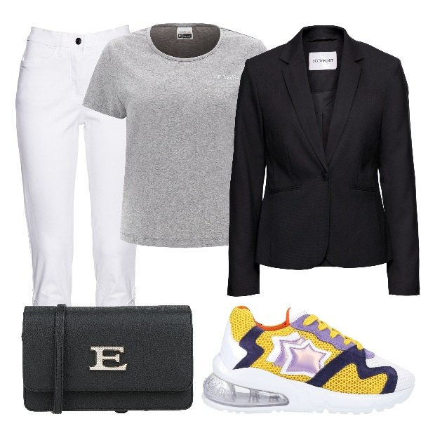 Outfit donna - Basta un blazer nero low cost. Stile Casual chic per Tutti i giorni. Abbinamento con blazer, jeans, sneakers, borse a tracolla, t-shirt.