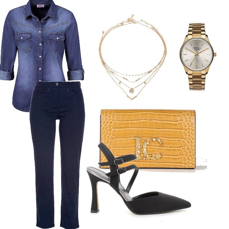 Outfit donna - Ottobrata. Stile Casual chic per Tutti i giorni. Abbinamento con camicie, pantaloni, collane, pochette, sandali col tacco, orologi analogici.