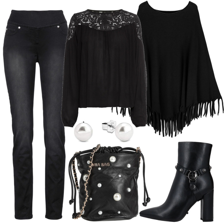 Outfit donna - Curvy in jeans chic. Stile Casual chic per Serata fuori. Abbinamento con tuniche, jeans, borse a tracolla, stivaletti, cappotti, orecchini.