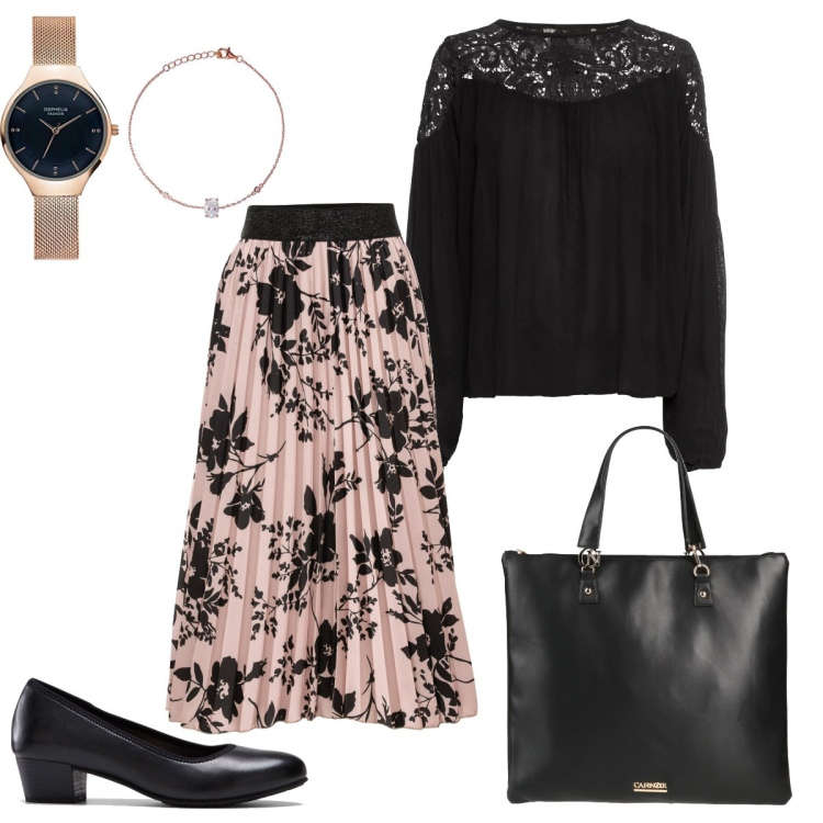 Outfit donna - Puntuale in ufficio. Stile Bon Ton per Ufficio. Abbinamento con tuniche, décolleté, gonne, borse a mano, orologi analogici.