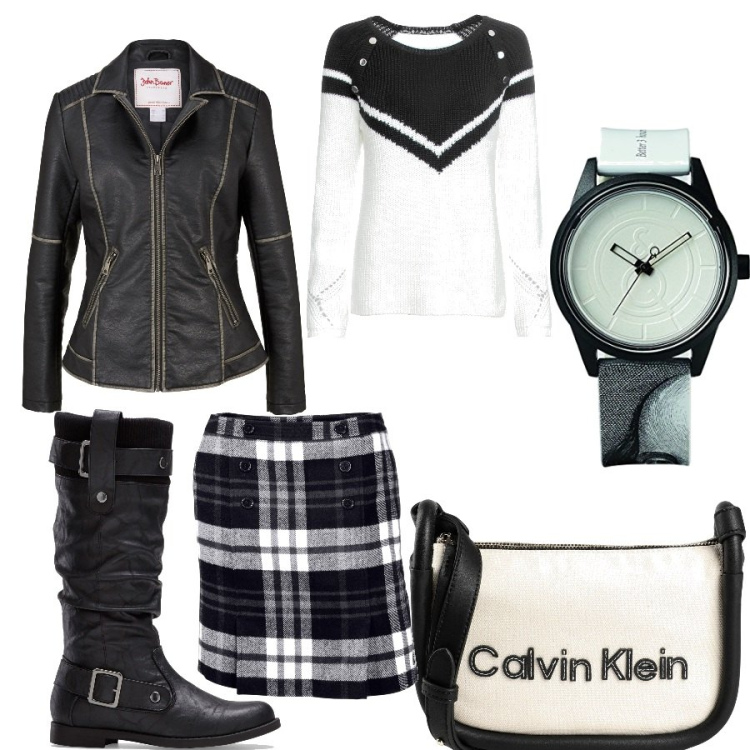 Outfit donna - La gonna a scacchi. Stile Casual per Serata fuori. Abbinamento con maglieria, minigonne, stivali sopra il ginocchio, blazer, borse a tracolla, orologi analogici.