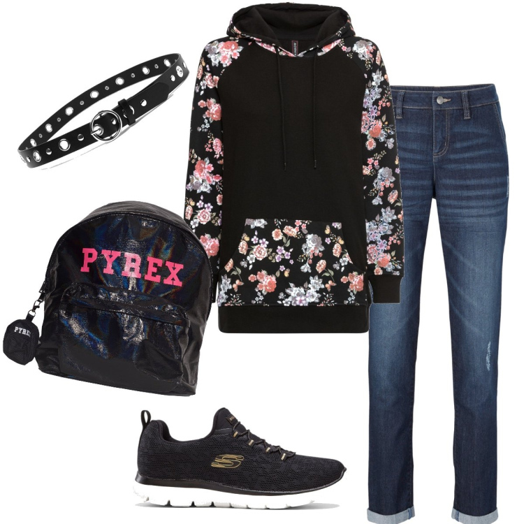Outfit donna - La felpa a fiori. Stile Casual per Scuola/Università. Abbinamento con jeans boyfriend, sneakers, felpe con cappuccio, zaini, cinture.