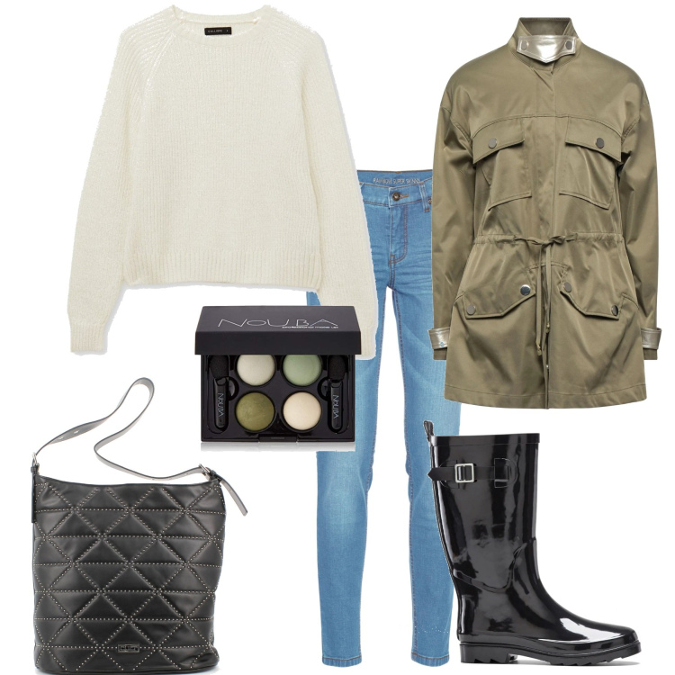 Outfit donna - Piove!. Stile Basic per Tutti i giorni. Abbinamento con jeans skinny, stivali di gomma, cappotti, maglieria, borse a mano, ombretti.