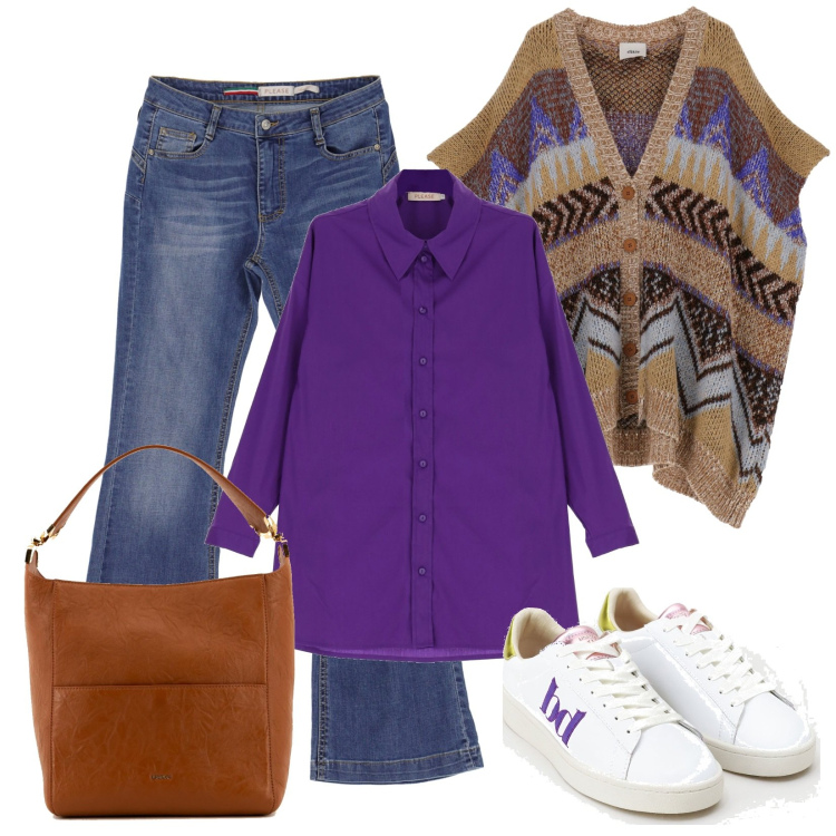Outfit donna - Purple touch. Stile Basic per Tutti i giorni. Abbinamento con camicie, jeans, borse a tracolla, sneakers, gilet.