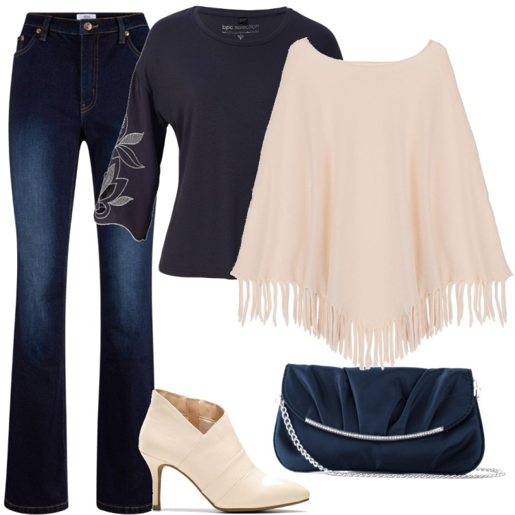 Outfit donna - Curvy & Tall. Stile Casual chic per Tutti i giorni. look ideale per Tall. Abbinamento con pochette, maglieria, stivaletti, jeans bootcut, cappotti.