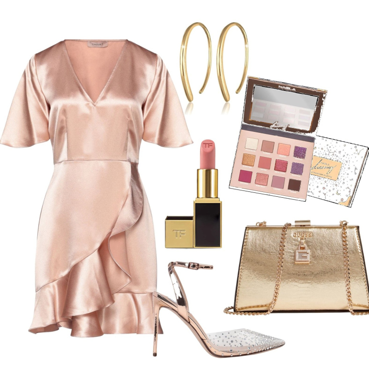 Outfit donna - Di classe. Stile Romantica per Cerimonia. Abbinamento con décolleté, vestiti corti, rossetti, clutch, orecchini, ombretti.