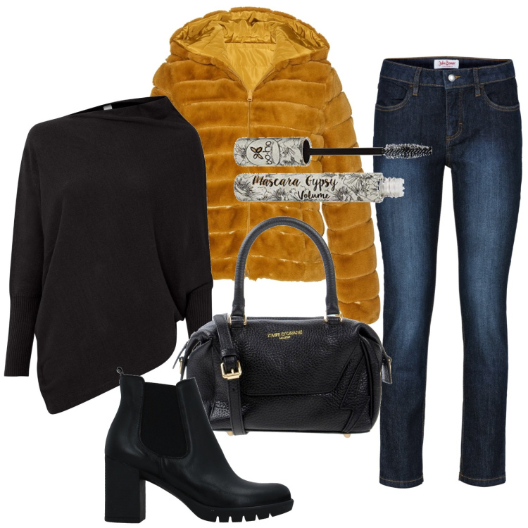 Outfit donna - Jeans modellanti. Stile Basic per Serata fuori. Abbinamento con jeans slim fit, maglieria, giacche, stivaletti, borse a mano, mascara.