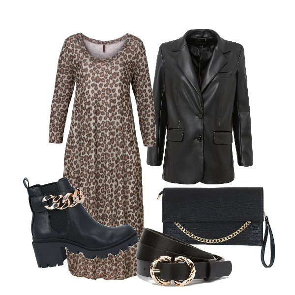 Outfit donna - Animalier in lungo. Stile Glamour per Serata fuori. Abbinamento con vestiti midi/longuette, blazer, stivaletti, pochette, cinture.