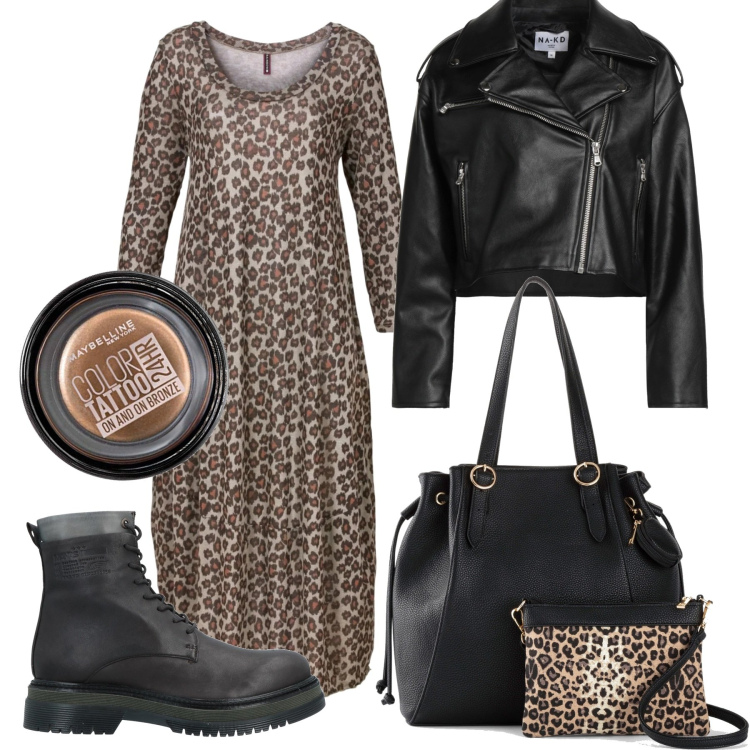 Outfit donna - Animalier. Stile Trendy per Serata fuori. Abbinamento con vestiti midi/longuette, shopping bag, giacche, stivaletti, ombretti.