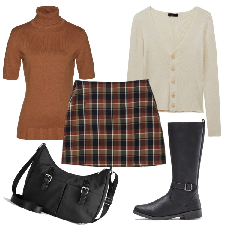 Outfit donna - La gonna scozzese. Stile Bon Ton per Tutti i giorni. Abbinamento con maglieria, stivali, borse a tracolla, gonne, cardigans.