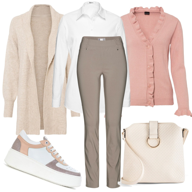 Outfit donna - Colori tenui.per un inverno morbido. Stile Casual chic per Tutti i giorni. Abbinamento con pantaloni, camicie, cardigans, borse a tracolla, cardigans, sneakers.