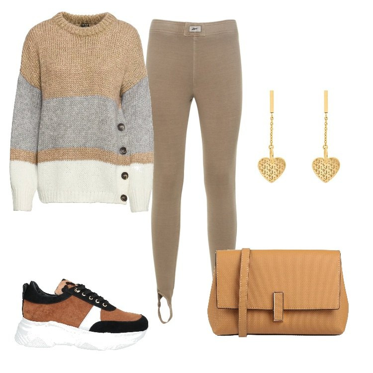 Outfit donna - Comoda comoda in cittò. Stile Casual per Tutti i giorni. Abbinamento con maglieria, sneakers, borse a tracolla, leggings, orecchini.