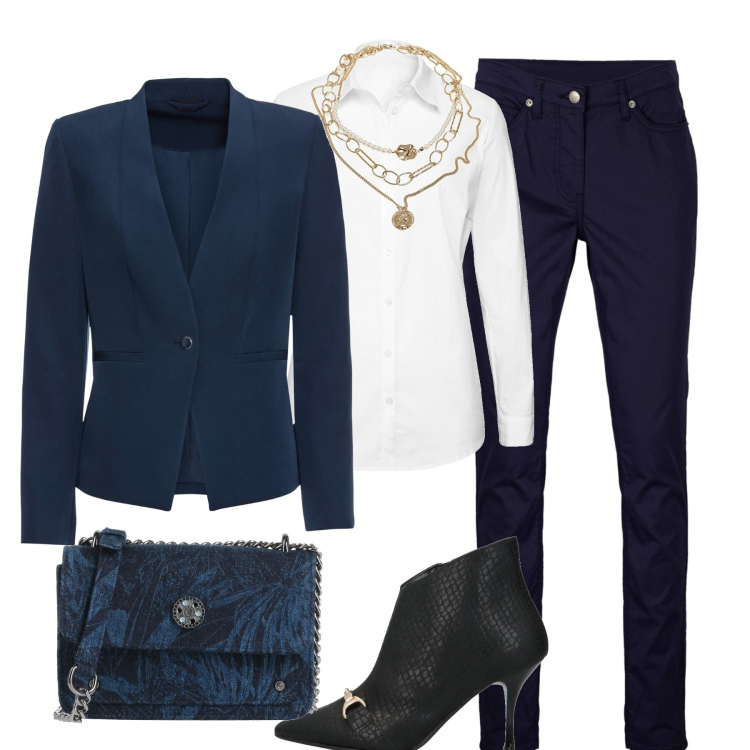 Outfit donna - Jeans e blazer. Stile Casual chic per Tutti i giorni. Abbinamento con blazer, camicie, pantaloni, stivaletti, borse a tracolla, ciondoli.