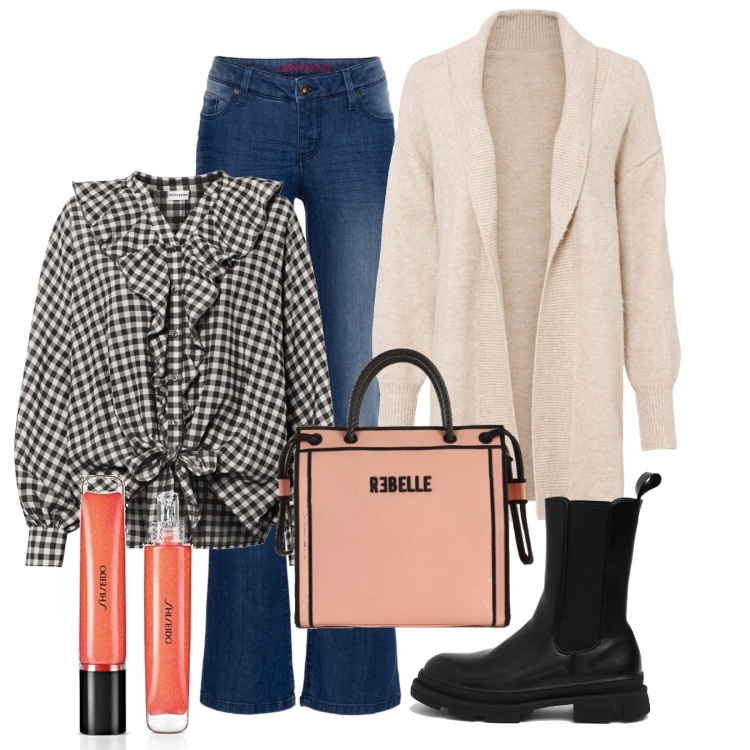 Outfit donna - Comoda e carina. Stile Romantica per Serata fuori. Abbinamento con jeans bootcut, bluse, cardigans, stivali, borse a mano, gloss.