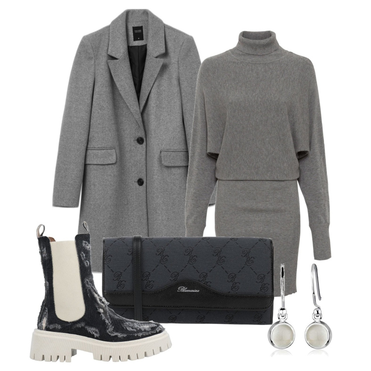 Outfit donna - Full colour in grigio. Stile Trendy per Tutti i giorni. Abbinamento con stivaletti, borse a mano, vestiti, cappotti, orecchini.
