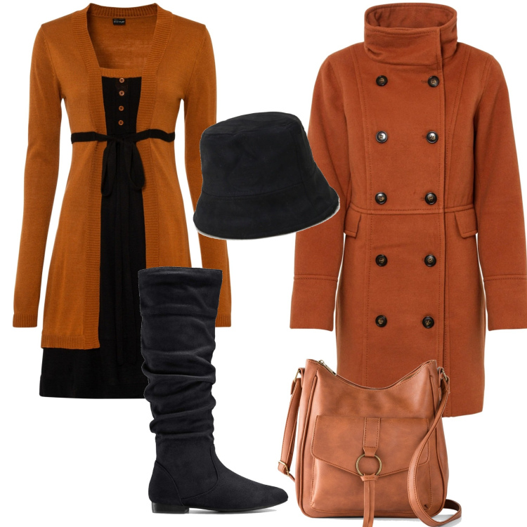 Outfit donna - Casual chic #22385. Stile Casual chic per Ufficio. Abbinamento con borse a tracolla, stivali, vestiti, cappotti, cappelli.