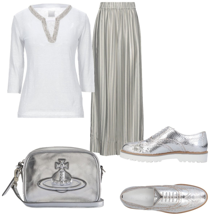 Outfit donna - Francesine argento. Stile Casual per Tutti i giorni. Abbinamento con scarpe stringate, pantaloni, t-shirt, borse a spalla.