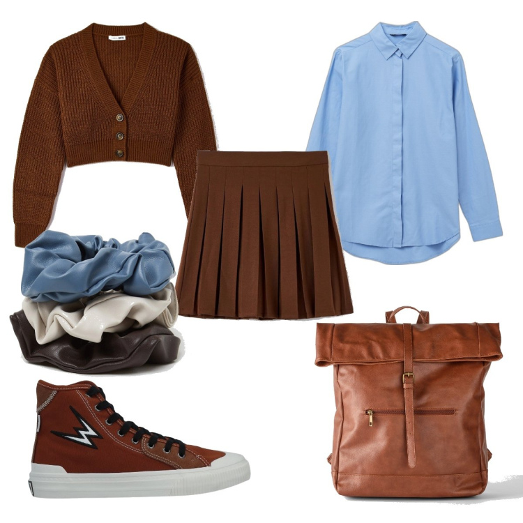 Outfit donna - A scuola in stile Preppy. Stile Preppy per Scuola/Università. look ideale per Petite. Abbinamento con zaini, sneakers, minigonne, cardigans, camicie, accessori per capelli.