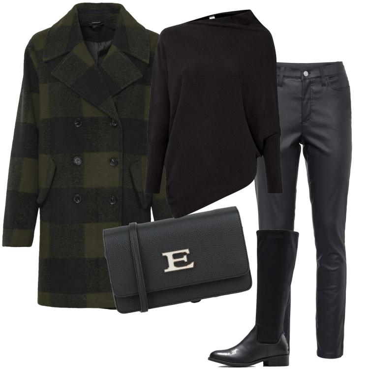 Outfit donna - Col cappotto. Stile Casual per Scuola/Università. Abbinamento con borse a tracolla, ballerine, maglieria, pantaloni skinny, stivali.