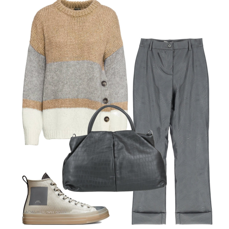 Outfit donna - Tutti i giorni. Stile Casual per Tutti i giorni. Abbinamento con maglieria, borse a mano, pantaloni, sneakers.