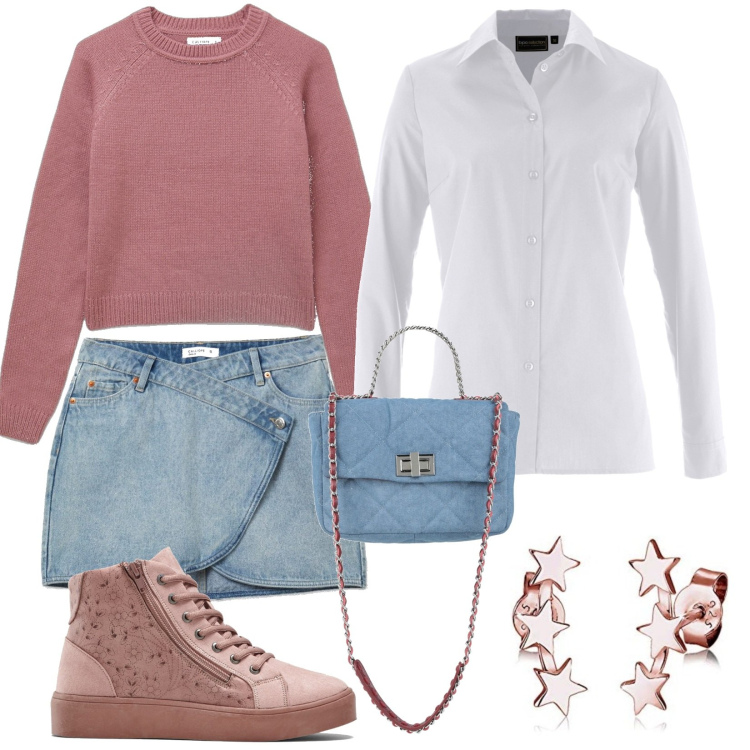 Outfit donna - Maglioncino e Camicia. Stile Basic per Tutti i giorni. Abbinamento con camicie, sneakers alte, borse a mano, gonne, maglieria, orecchini.