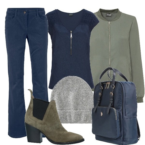 Outfit donna - A scuola in blu e grigio. Stile Trendy per Scuola/Università. Abbinamento con pantaloni, t-shirt, bomber, berretti, stivaletti, zaini.