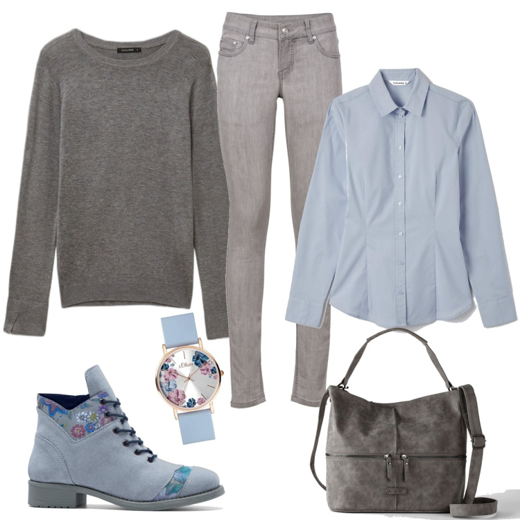 Outfit donna - Semplice con i fiori. Stile Casual chic per Tutti i giorni. Abbinamento con jeans skinny, stivaletti, borse a mano, camicie, maglieria, orologi.