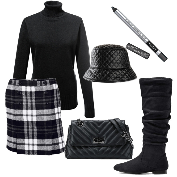 Outfit donna - Quadri B&W. Stile Basic per Tutti i giorni. Abbinamento con maglieria, stivali, cappelli con visiera, minigonne, borse a tracolla, ombretti.