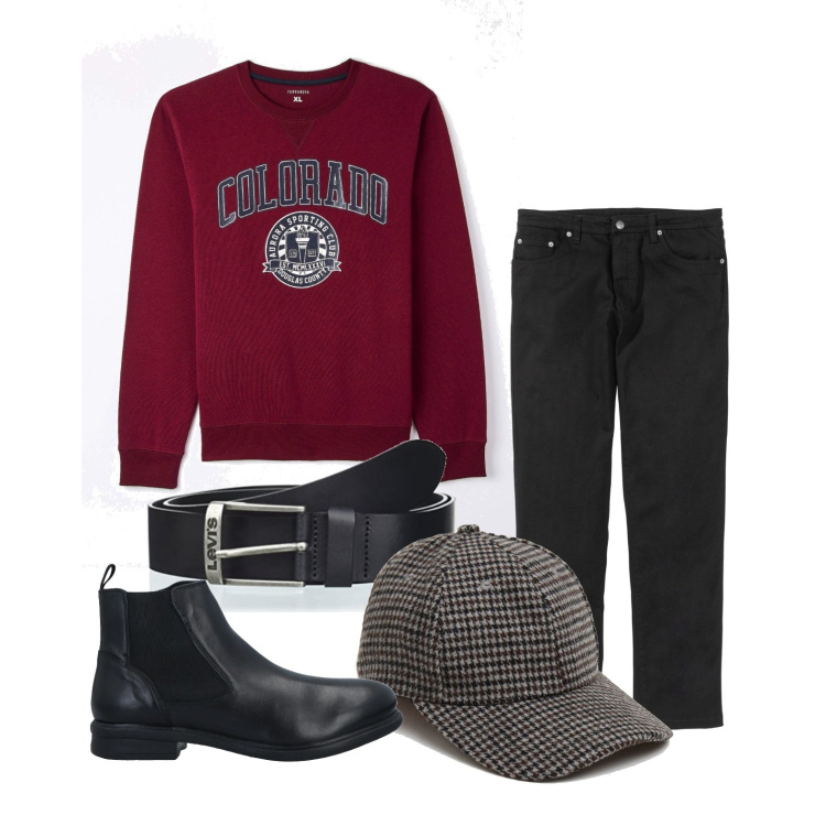 Outfit uomo - Preppy man. Stile Trendy per Tutti i giorni. Abbinamento con pantaloni, stivali e stivaletti, felpe con cappuccio, cappelli con visiera, cinture.