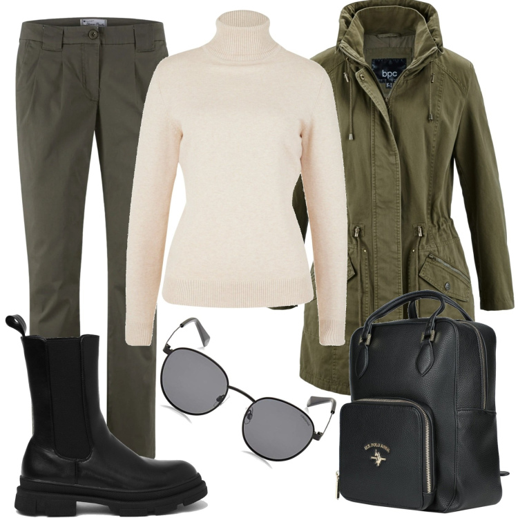 Outfit donna - Curvy street urban. Stile Urban per Tutti i giorni. Abbinamento con parka, pantaloni chino, maglieria, zaini, stivali, occhiali da sole.