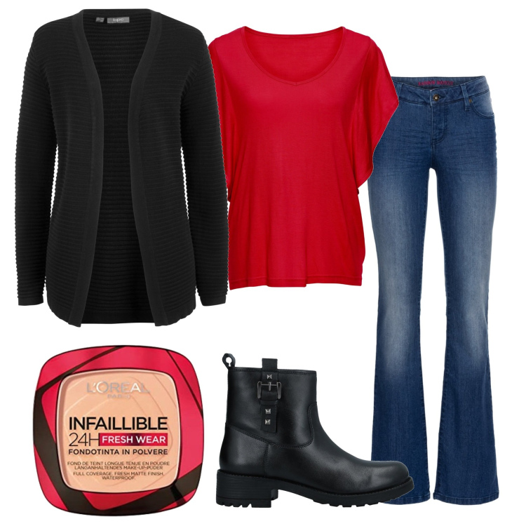 Outfit donna - 24h. Stile Casual per Tutti i giorni. Abbinamento con jeans bootcut, cardigans, maglieria, stivaletti, fondotinta.