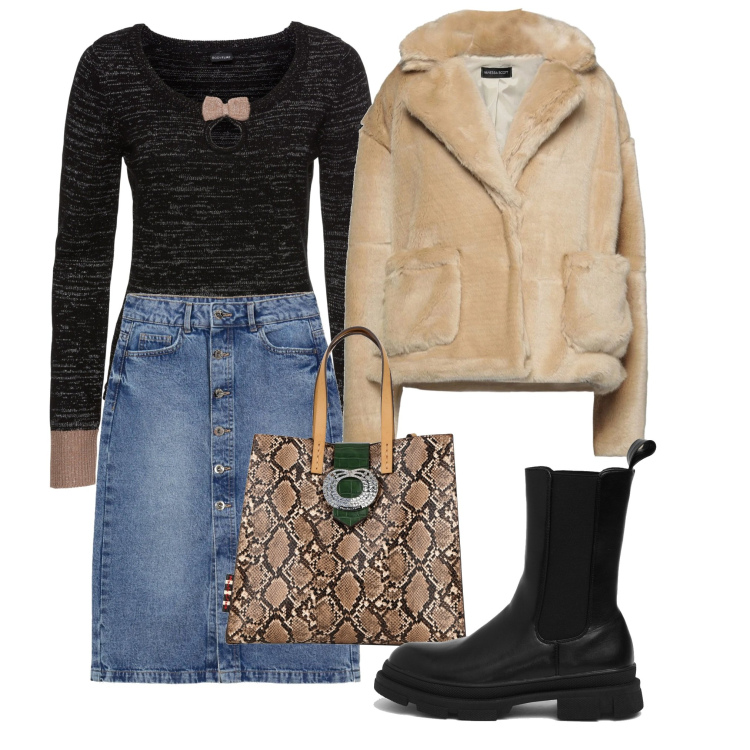 Outfit donna - Spigliata e decisa. Stile Casual chic per Ufficio. Abbinamento con cappotti, borse a mano, maglieria, gonne longuette, stivali.