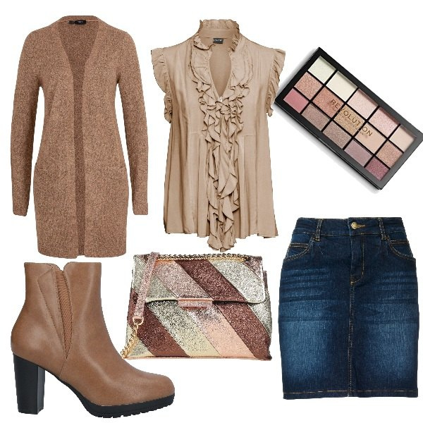 Outfit donna - La gonna per un ufficio informale. Stile Casual per Ufficio. Abbinamento con gonne, maglieria, cardigans, borse a tracolla, stivaletti, ombretti.