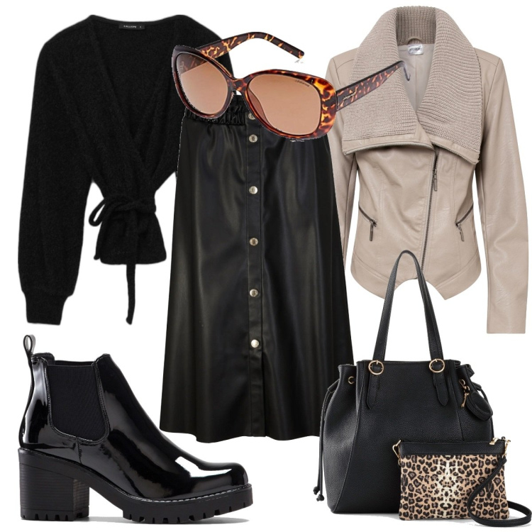 Outfit donna - Total dark e un tocco animalier. Stile Casual chic per Tutti i giorni. Abbinamento con stivaletti, shopping bag, gonne, giacche, cardigans, occhiali da sole.