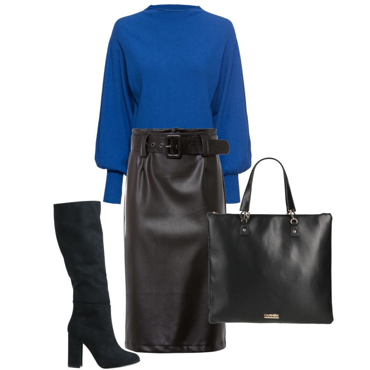 Outfit donna - Il pullover blu elettrico. Stile Trendy per Tutti i giorni. Abbinamento con maglieria, gonne longuette, borse a mano, stivali.