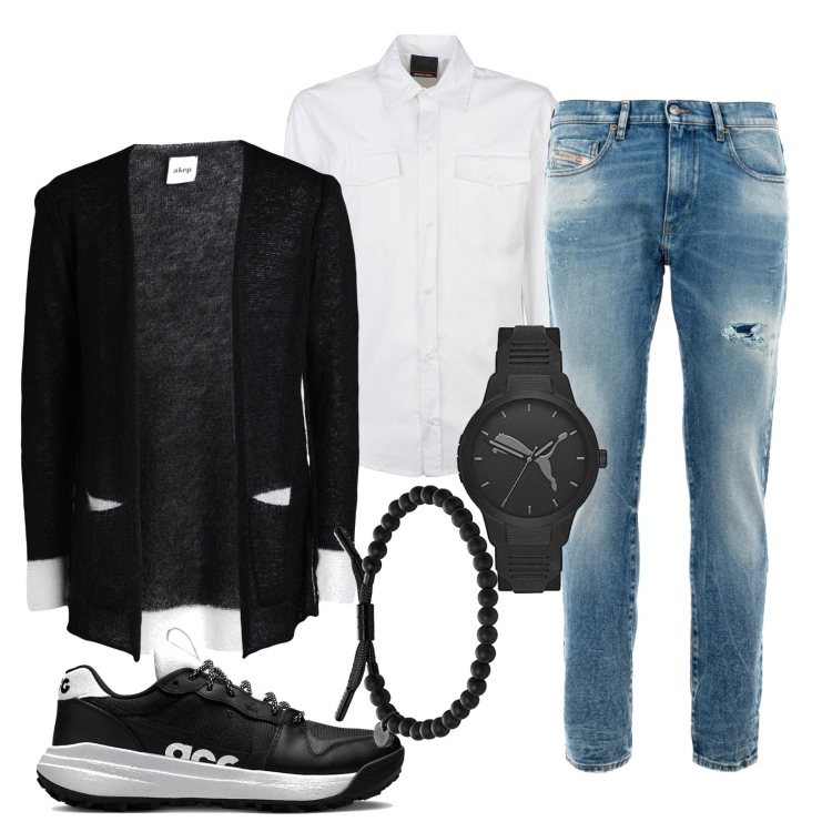 Outfit uomo - Con il cardigan morbido. Stile Urban per Tutti i giorni. Abbinamento con jeans, camicie, sneakers, cardigans, orologi, braccialetti.