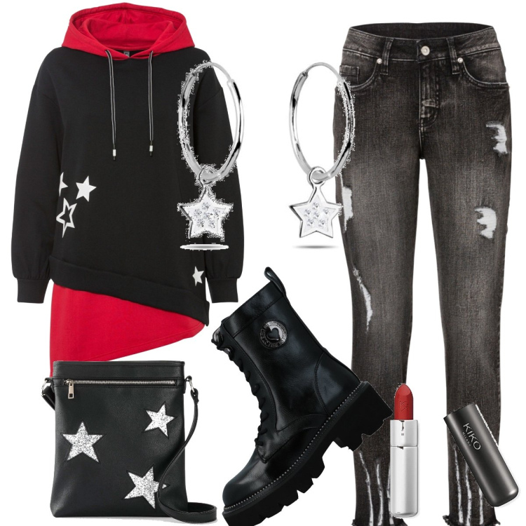 Outfit donna - Total look #1444234. Stile Urban per Tutti i giorni. Abbinamento con stivaletti, foulard, felpe con cappuccio, borse a tracolla, rossetti, orecchini.