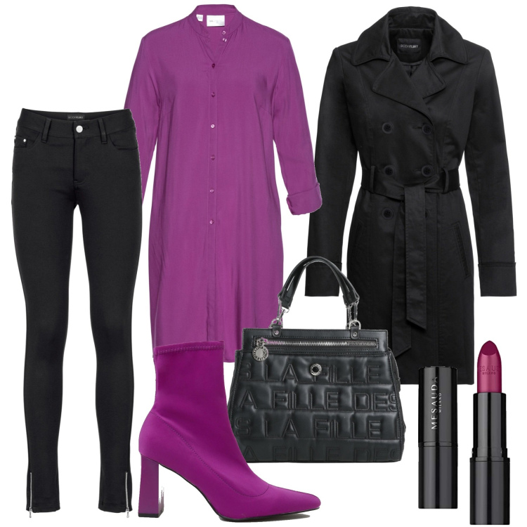 Outfit donna - A pranzo fuori. Stile Casual chic per Serata fuori. Abbinamento con trench, pantaloni, camicie, borse a mano, scarpe col tacco, rossetti.