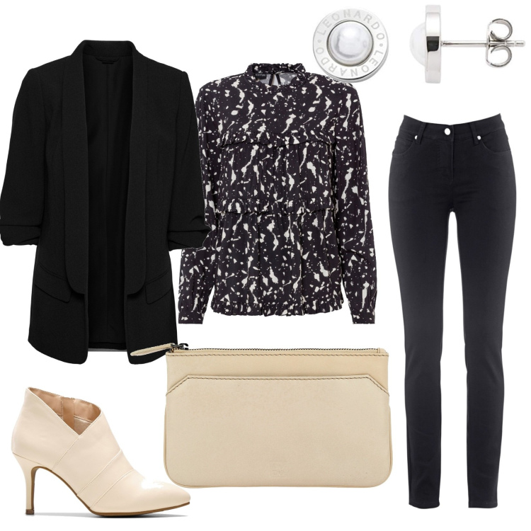 Outfit donna - From day to night. Stile Chic per Serata fuori. Abbinamento con jeans dritti, blazer, bluse, stivaletti, pochette, orecchini.