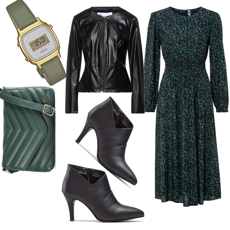 Outfit donna - Tempo Libero. Stile Boho per Tutti i giorni. Abbinamento con vestiti midi/longuette, stivaletti, borse a tracolla, giacche, orologi digitali.