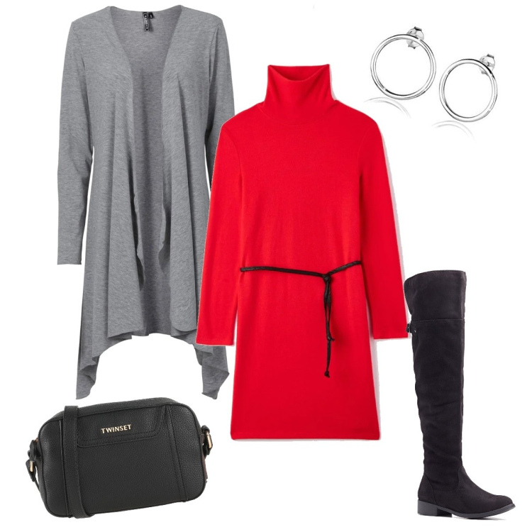Outfit donna - Il vestito rosso a lupetto. Stile Casual chic per Tutti i giorni. Abbinamento con borse a tracolla, cardigans, stivali sopra il ginocchio, vestiti, orecchini.
