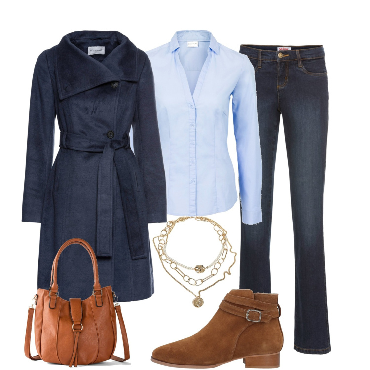 Outfit donna - In ufficio. Stile Casual chic per Ufficio. Abbinamento con camicie, jeans bootcut, cappotti, borse a mano, stivaletti, ciondoli.
